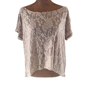 Mia Joy Floral Burnout Mesh Tee Womens XS Sheer Taupe High-Low Hem NWT Oversized